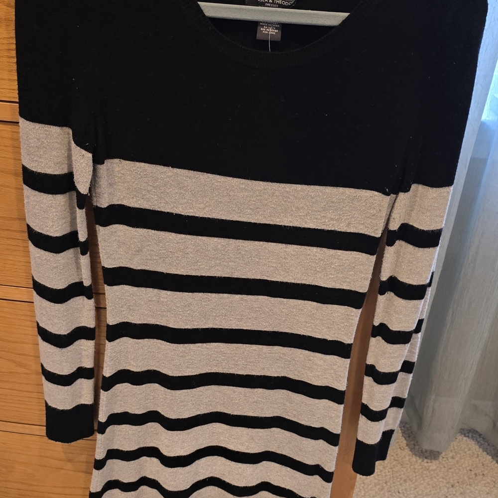 Chelsea & Theodore Black and Gray Striped Sweater Dress, XS